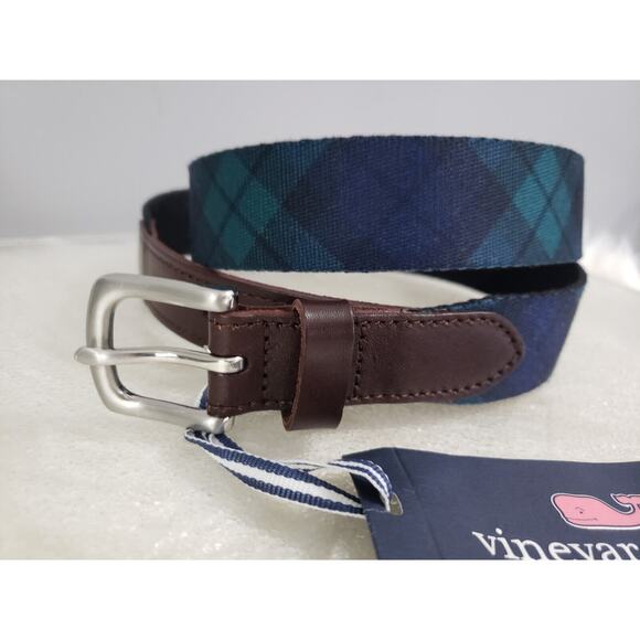 NEW SZ 30 Vineyard Vines‎ Blackwatch Plaid Belt Canvas Leather Prep Christmas - Picture 1 of 4
